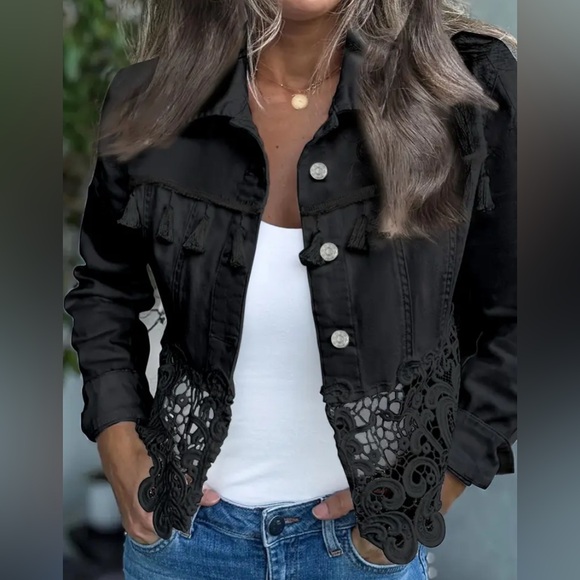 None Jackets & Blazers - BLACK Denim Button Up Collared Jacket with Tassels and Lace Trim Size X-Large
